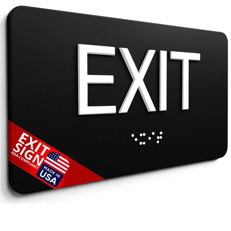 NapTags NAP TAGS - ADA Compliant Exit Sign with Braille (6" x 3" Black Sign), Indoor, Easy Installation, Made in the USA - Image 1